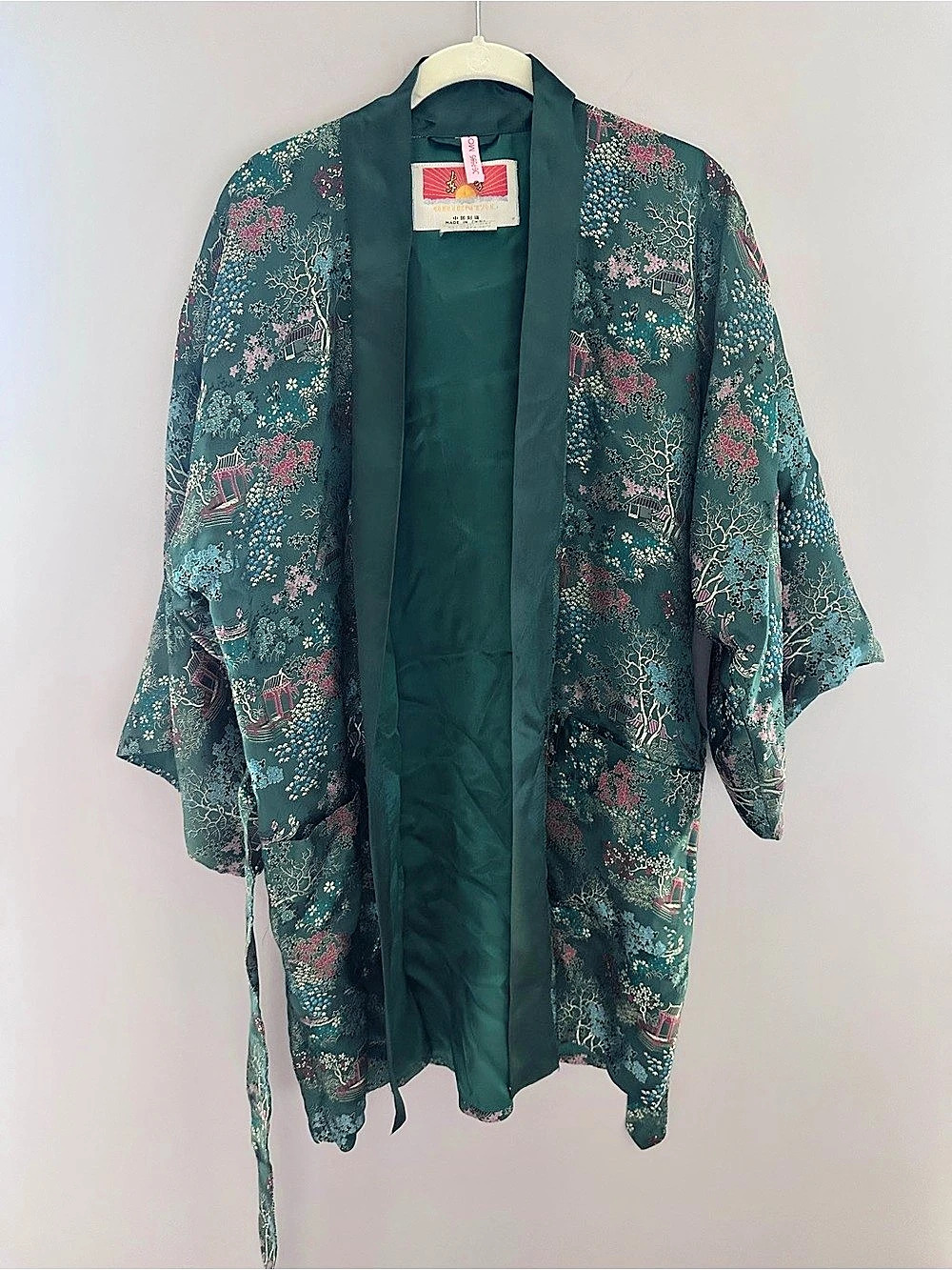Vintage Oriental Floral Kimono Jacket Green Size Small